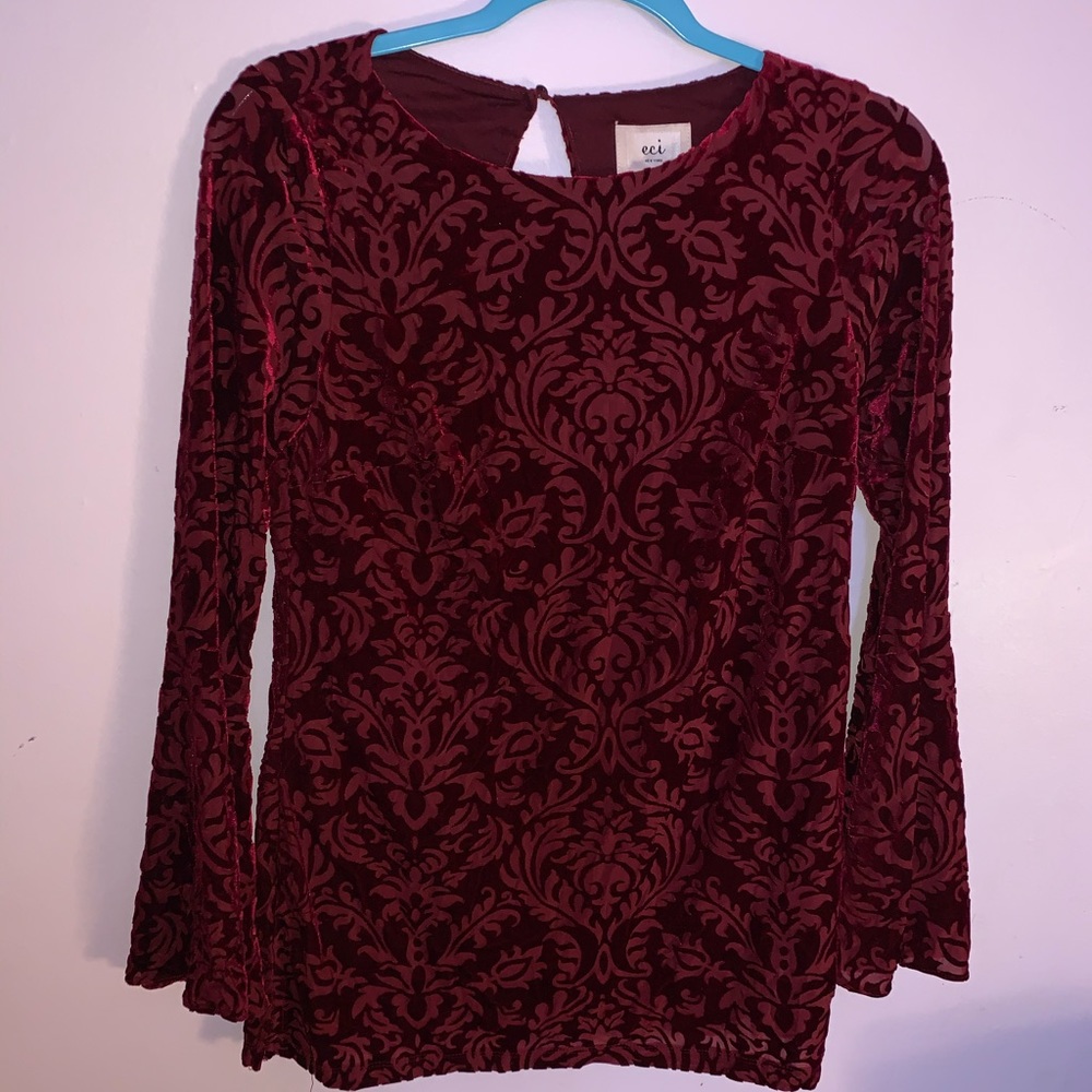 Velvet Long Sleeve Burgundy Bell Sleeve Top